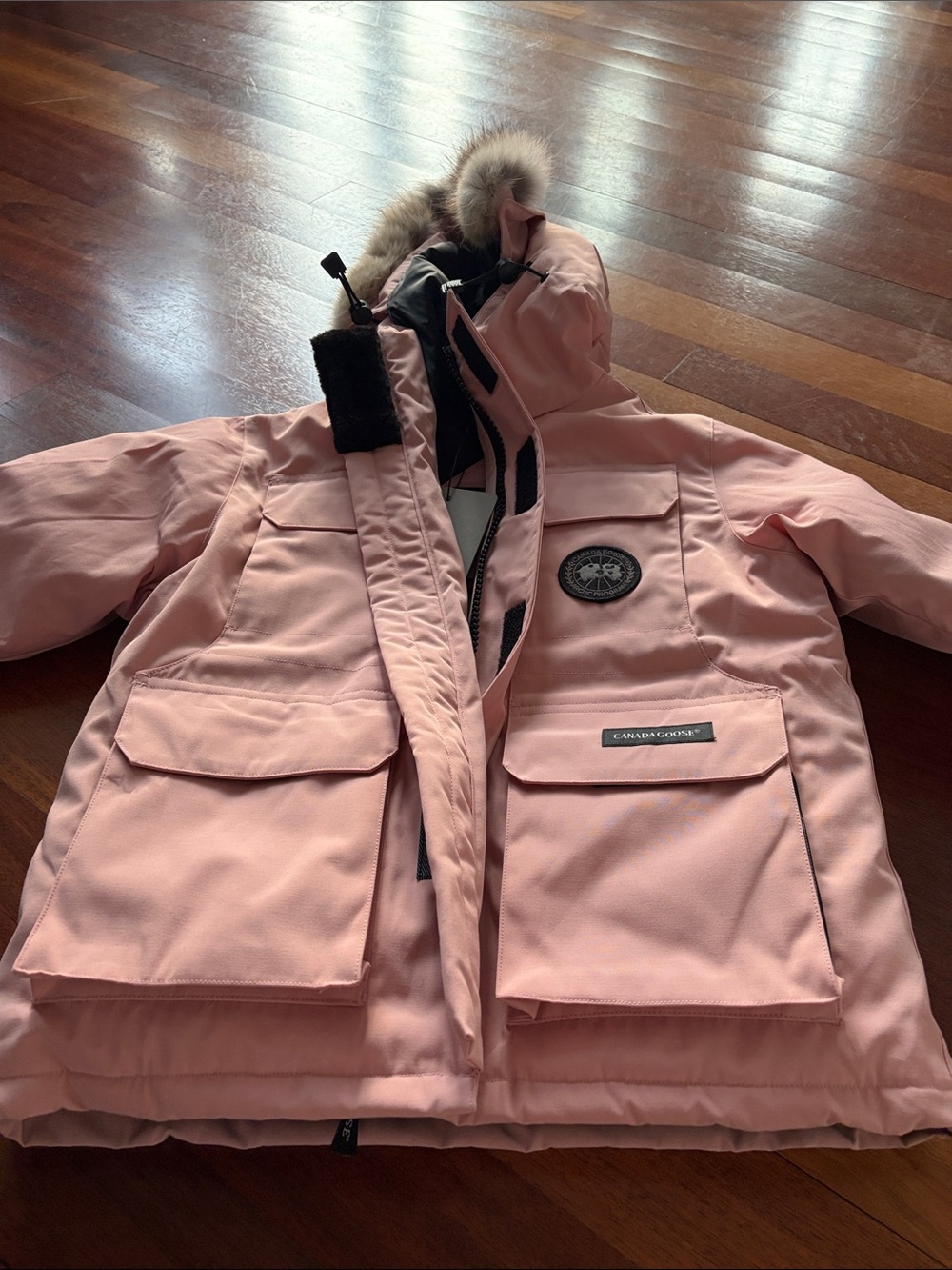 Canada Goose Kids Blush Pink Hooded Puffer Jacket with Fur Trim